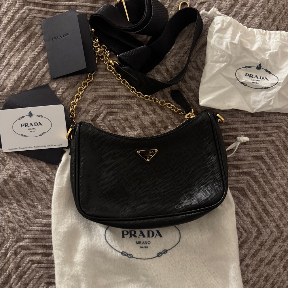 Prada Black Saffiano Leather Mini Shoulder Bag with removable Gold Chain